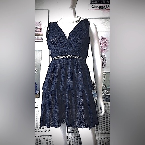 Self-Portrait Lace Dress Tiered & Ruched Mini Dress Midnight Blue color size 4